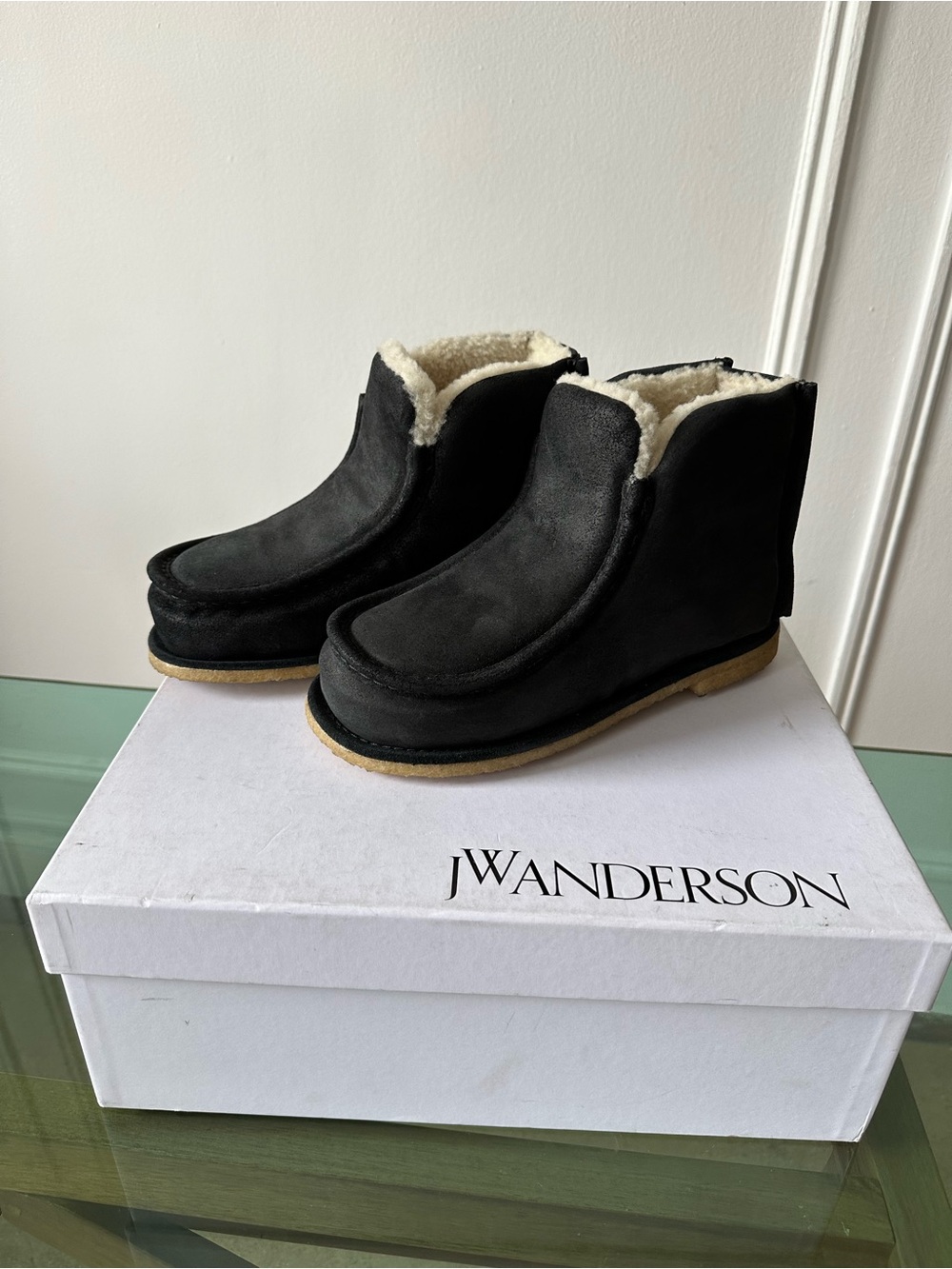 JW ANDERSON Black Suede Shearling-Lined Ankle Booties